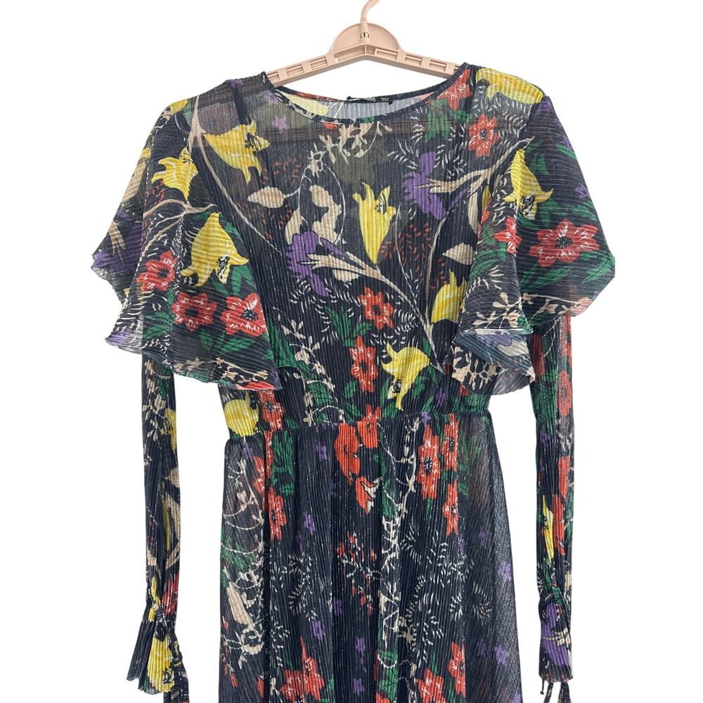 ZARA collection shiny pleated long sleeve ruffle shoulders floral dress size S - Picture 7 of 11